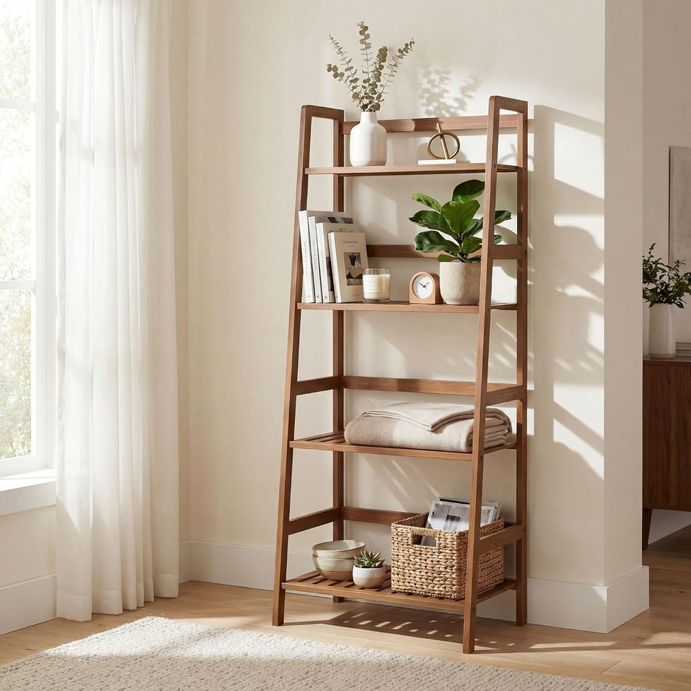 COSTWAY 4-Tier Ladder Shelf, Bamboo Plant Stand Rack, Freestanding Bookshelf,...