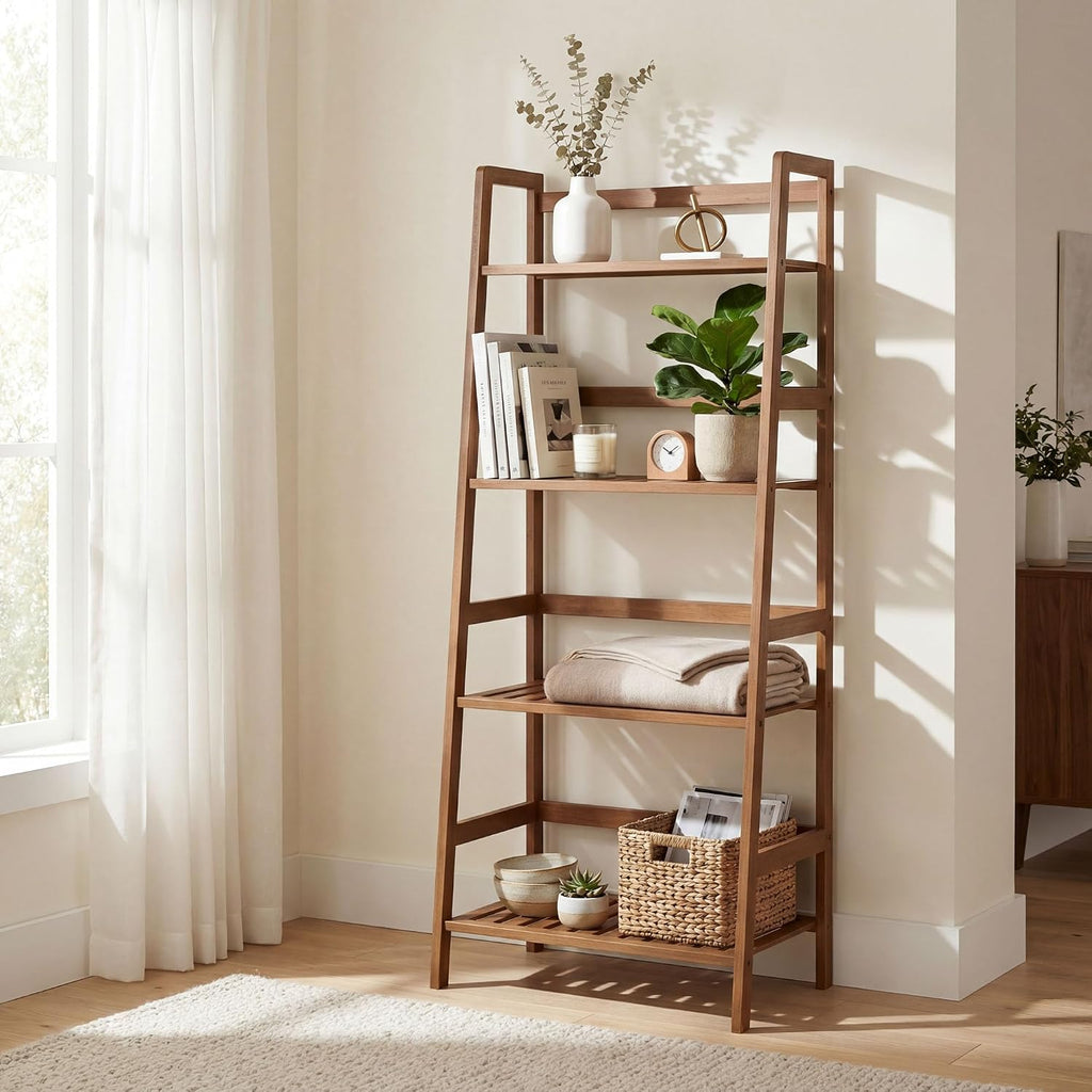 COSTWAY 4-Tier Ladder Shelf, Bamboo Plant Stand Rack, Freestanding Bookshelf, Multifunctional Storage Shelves, Flower Stand Rack Holder for Garden, Balcony, Living Room, Bedroom (Brown)