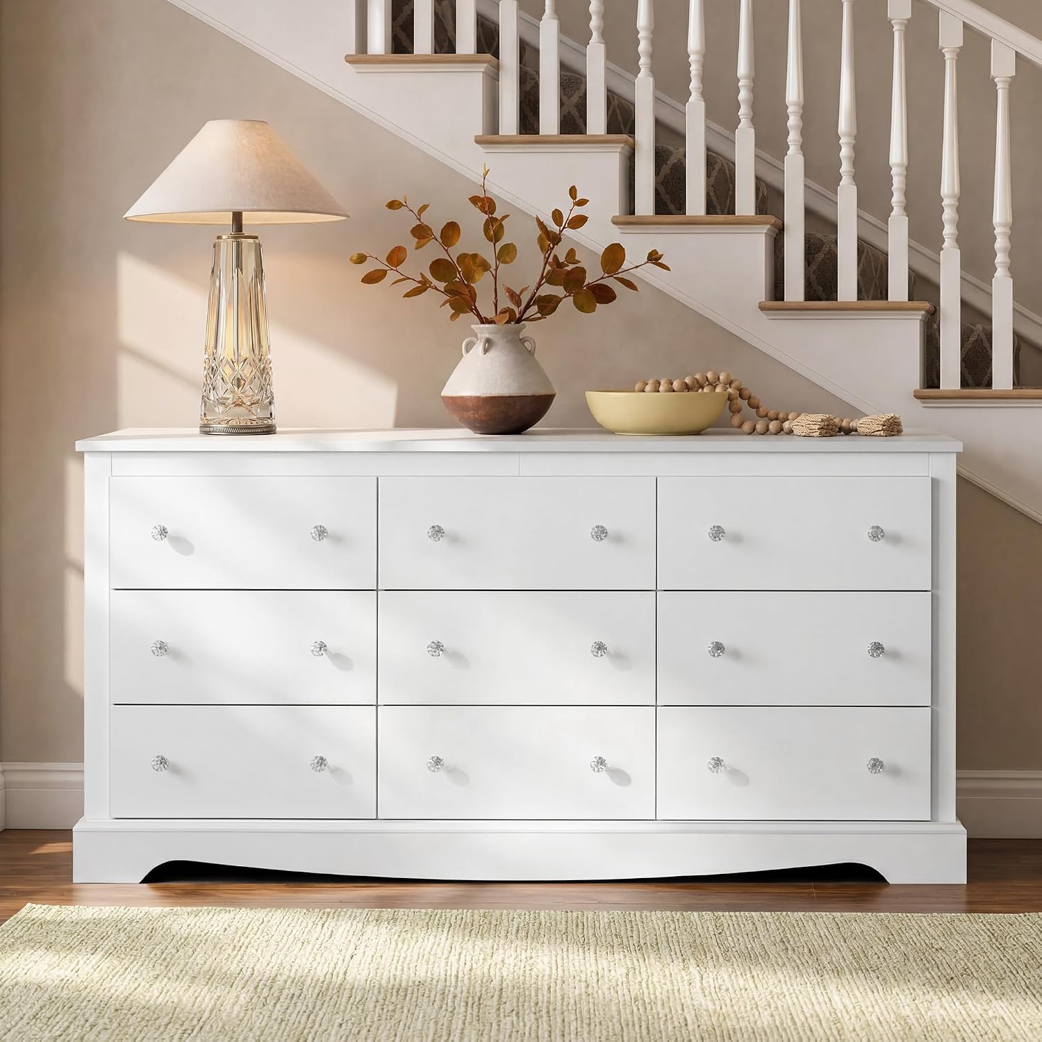 WLIVE 63" Dresser for Bedroom, Modern 9 Drawer Dresser with Exclusive Anti-Tip Structure, Large Wooden Chest of Drawers with Metal Handles for Living Room, Hallway, Closet, Home Furniture, White