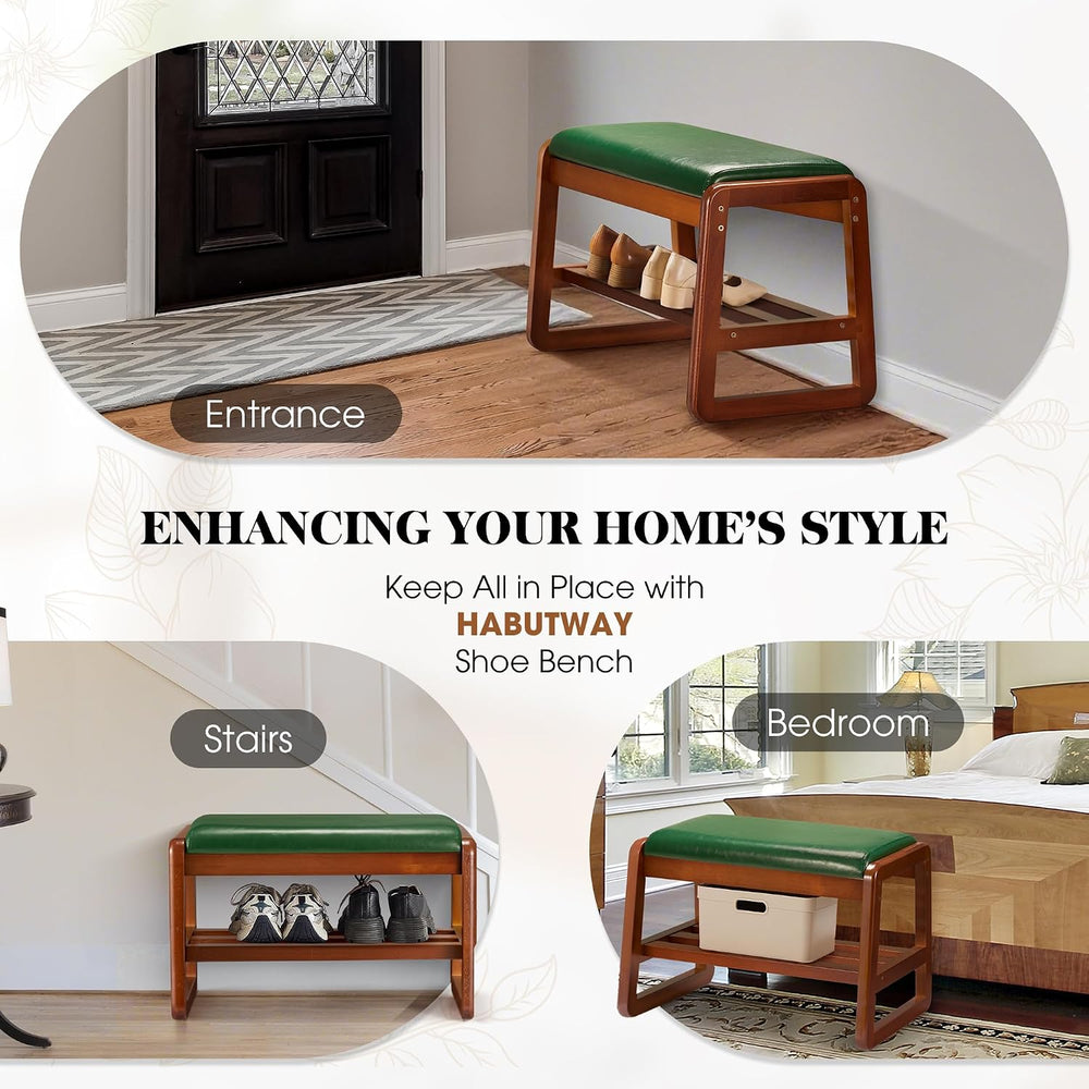 HABUTWAY Solid Wood Shoe Rack, Entryway Shoe Bench with Cushion, 2 Tier Shoes...