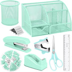 Green Desk Organizers and Accessories, Teal Office Supplies Set Green Mesh Desk Organizer, Stapler, Tape Dispenser, 1000 Staples, Staple Remover, Pen Holder, Clips Set, Ruler, Scissors