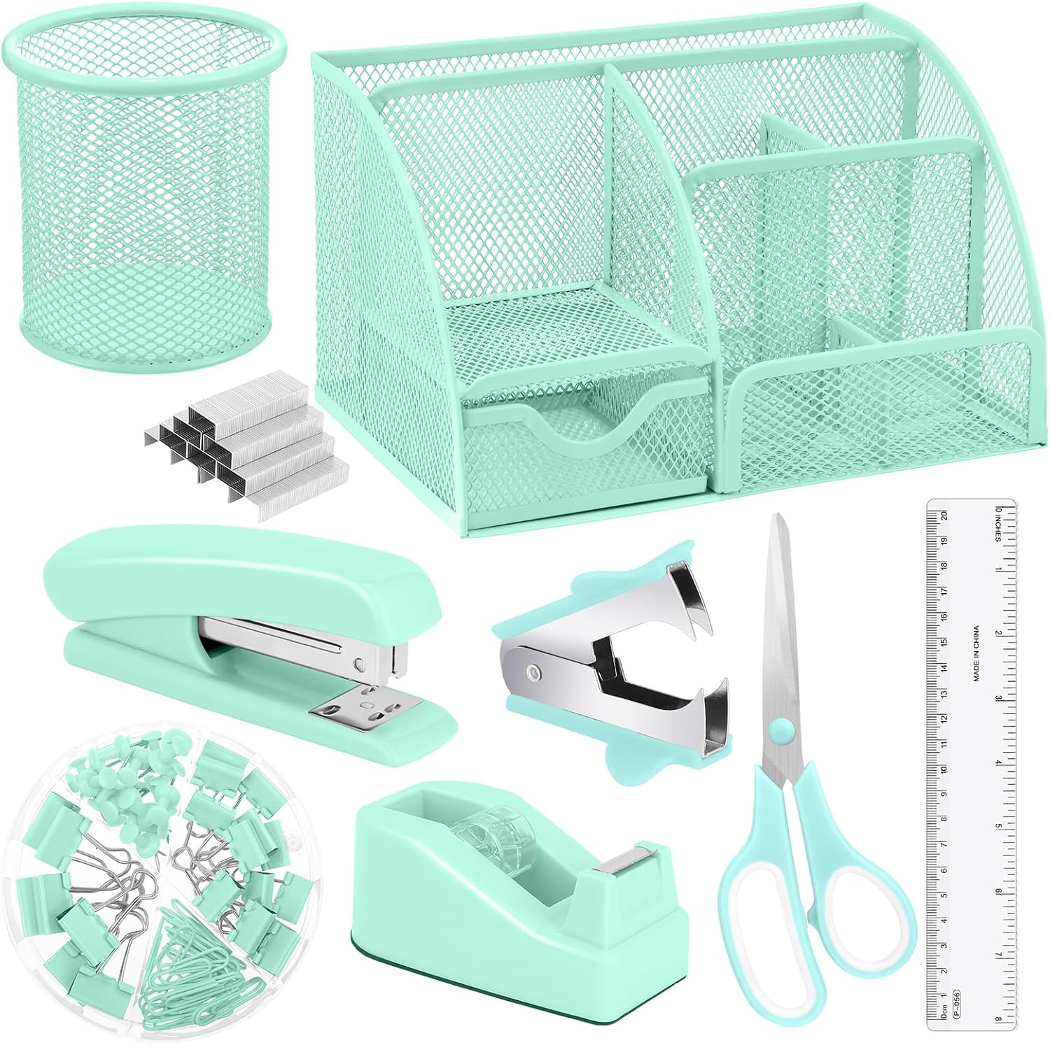 Green Desk Organizers and Accessories, Teal Office Supplies Set Green Mesh Desk Organizer, Stapler, Tape Dispenser, 1000 Staples, Staple Remover, Pen Holder, Clips Set, Ruler, Scissors