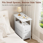 Vagusicc White Nightstand with Charging Station and LED Lights, Narrow Side Table, LED Night Stand with 2 Fabric Drawers, Bedside Table with USB Ports and Outlets, Tall Nightstand for Bedroom, White