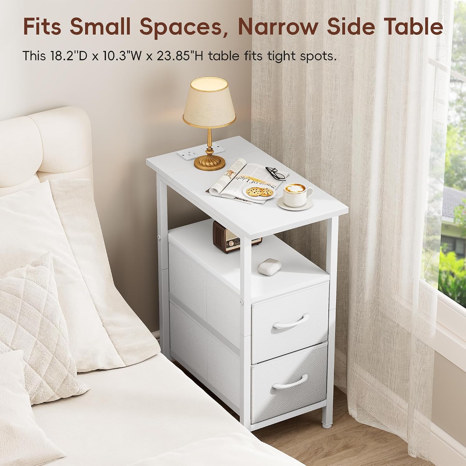 Vagusicc White Nightstand with Charging Station and LED Lights, Narrow Side Table, LED Night Stand with 2 Fabric Drawers, Bedside Table with USB Ports and Outlets, Tall Nightstand for Bedroom, White