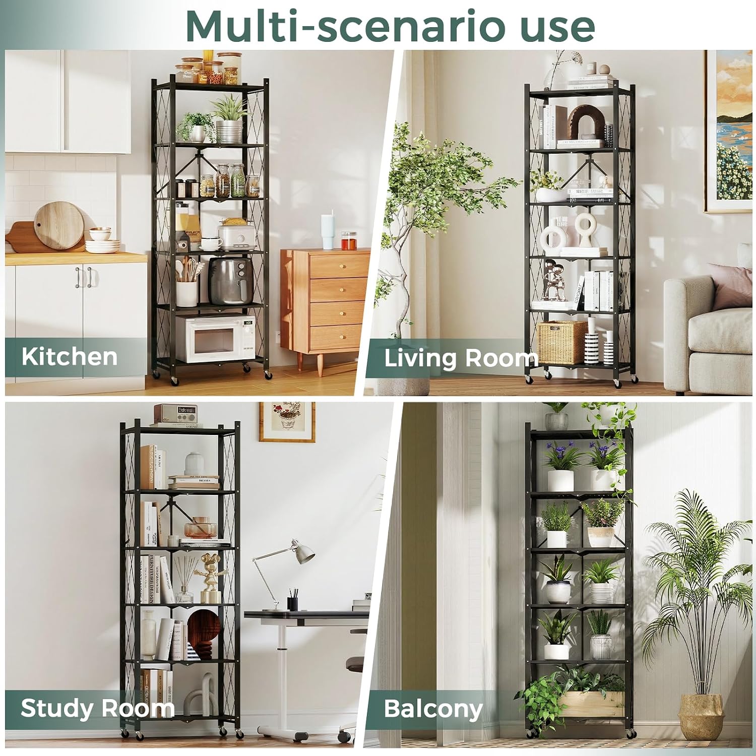 DEANIC 6-Shelf Folding Bookcase with Wheels, Heavy Duty Storage Shelves, Freestanding Metal Wire Shelving Unit for Living Room, Office, Kitchen, Basement, Pantry (Black)
