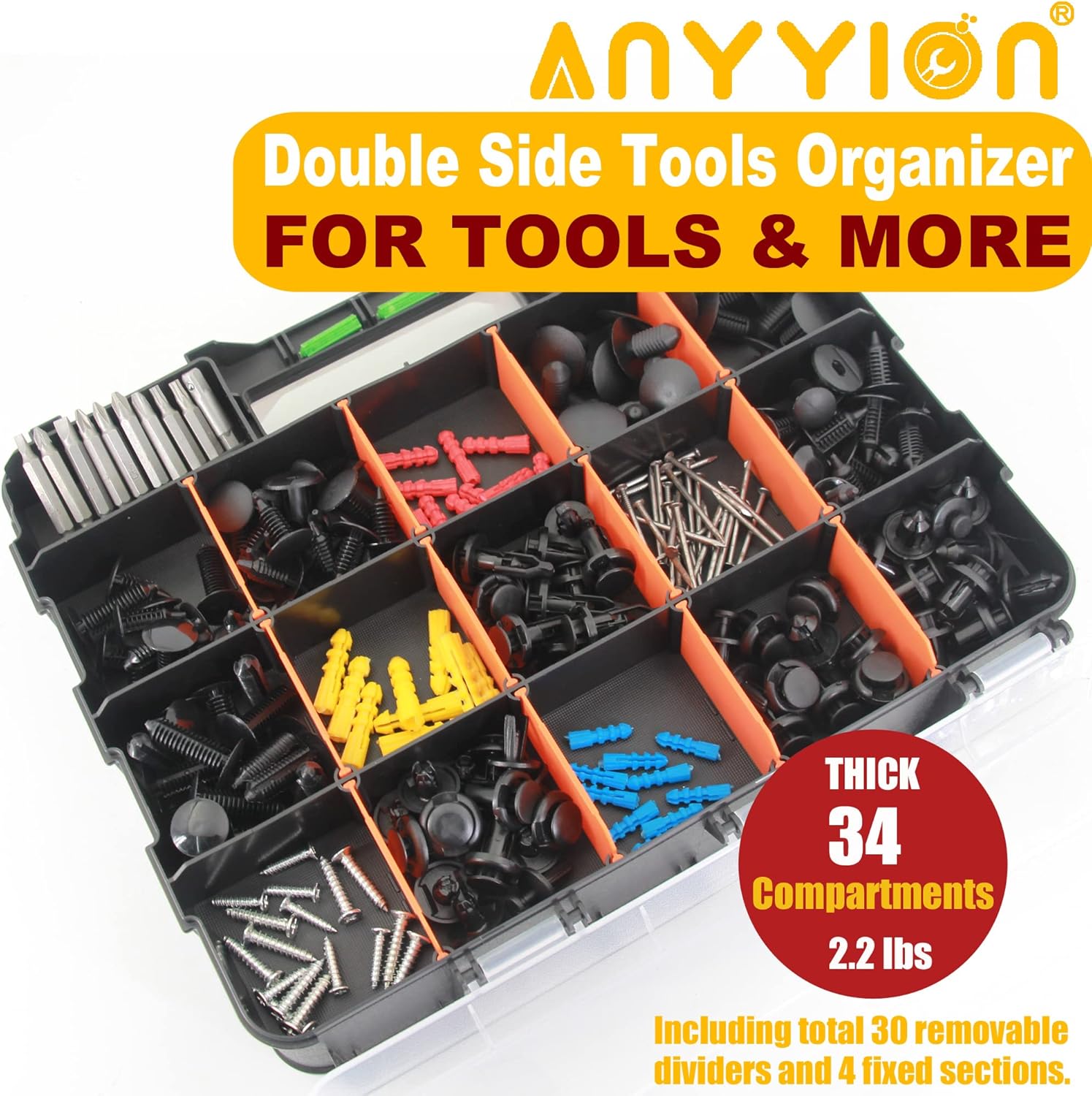 Anyyion Small Parts Organizer, 34-Compartments Double Side parts organizer with Removable Dividers for Hardware, Screws, Bolts, Nails, Beads, Jewelry. (2 Pcs, Orange)