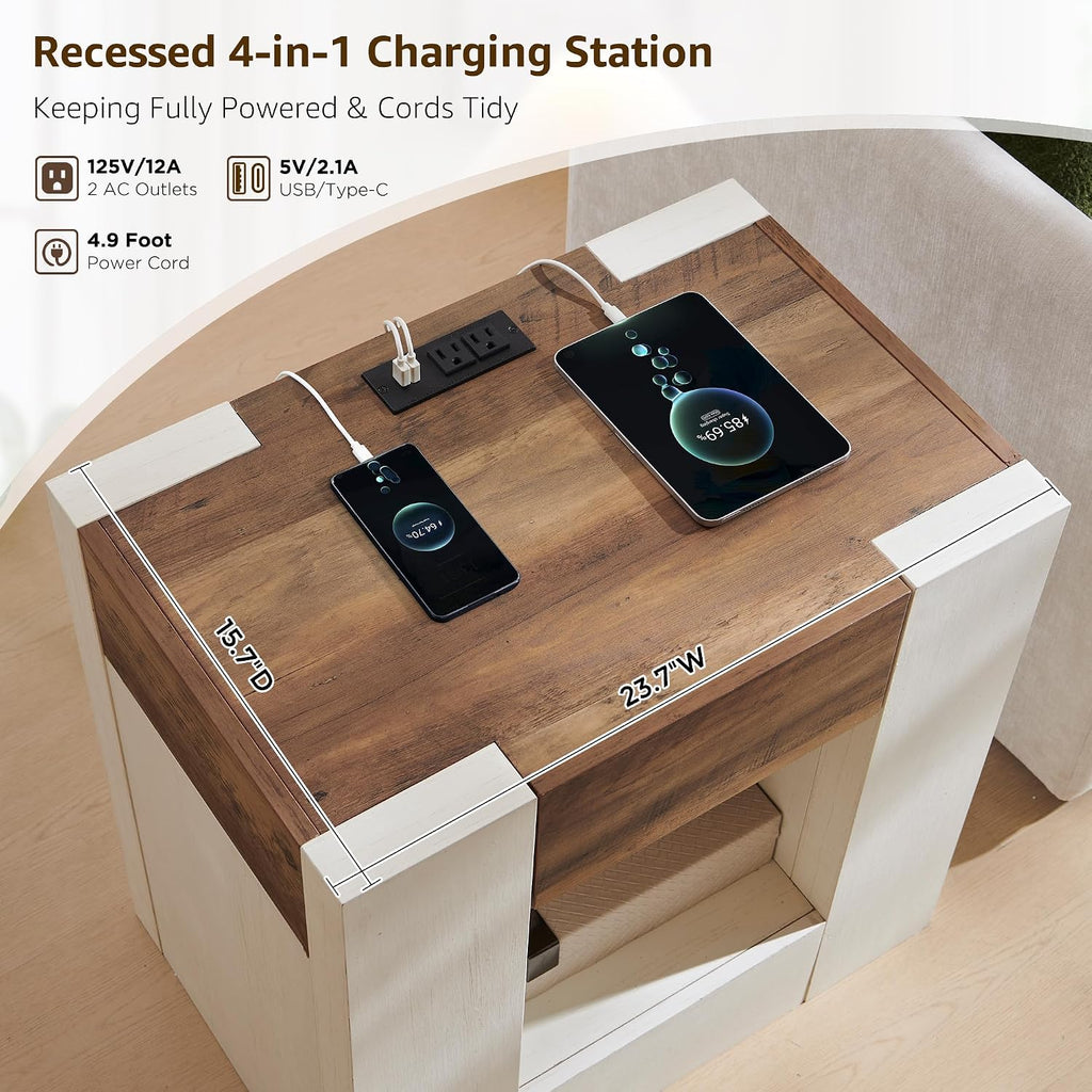 OKD 24" Wide Modern Nightstand, Wood Night Stand with Charging Station & Hidden Drawer, Side Table Bedroom with Storage Shelf, End Table, Antique White