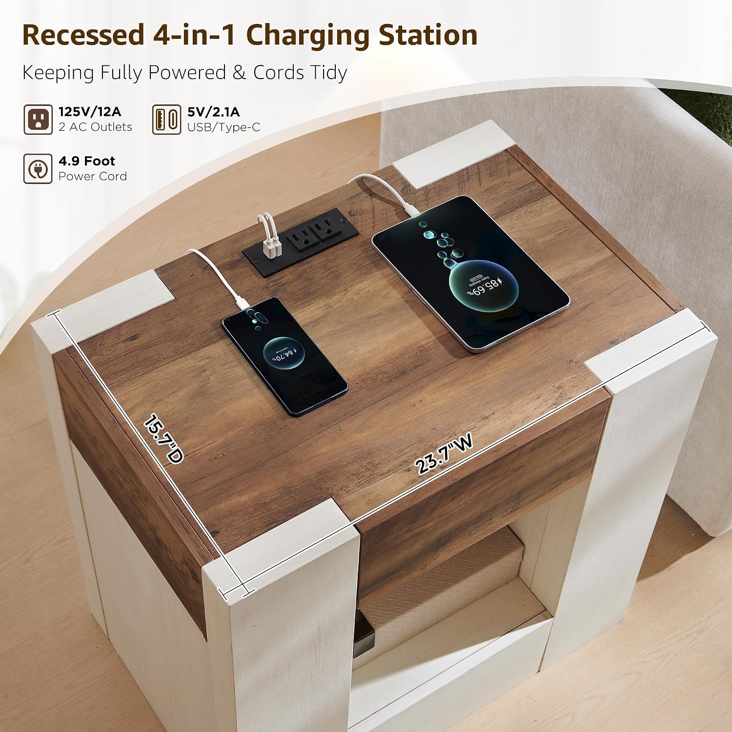 OKD 24" Wide Modern Nightstand, Wood Night Stand with Charging Station & Hidden Drawer, Side Table Bedroom with Storage Shelf, End Table, Antique White