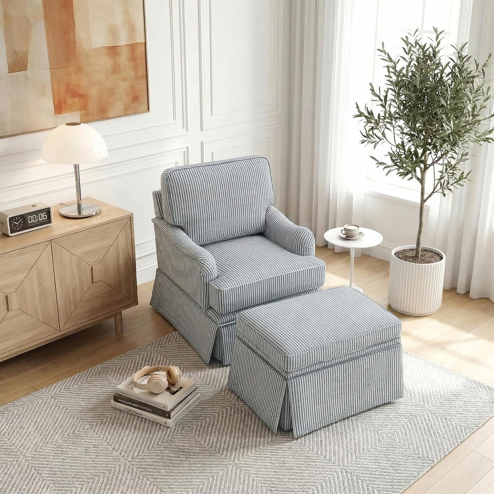 Swivel Accent Chair with Ottoman, Pinstripe Blue