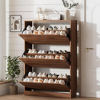 Xixini Shoe Storage Cabinet for Entryway with 3 Flip Drawers, Sturdy Wood Hidden Shoe Storage, Freestanding Narrow Slim Shoe Organizer for Front Door Entrance, Living Room, Hallway, Bedroom, Walnut