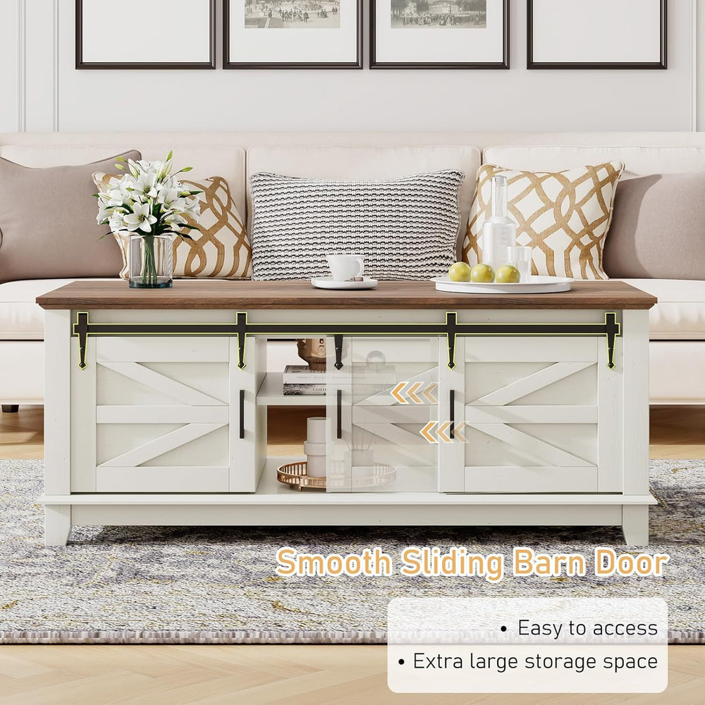 LUXOAK Farmhouse Table Set of 3, Coffee Table with Sliding Barn Doors, End Ta...