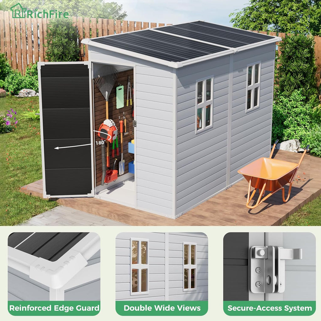 4x8 FT Plastic Storage Sheds Outdoor with Floor and Window, Lean to Resin Shed Easy to Install, Compact Sheds & Outdoor Storage/Tool Shed for Backyard Patio Lawn, Gray
