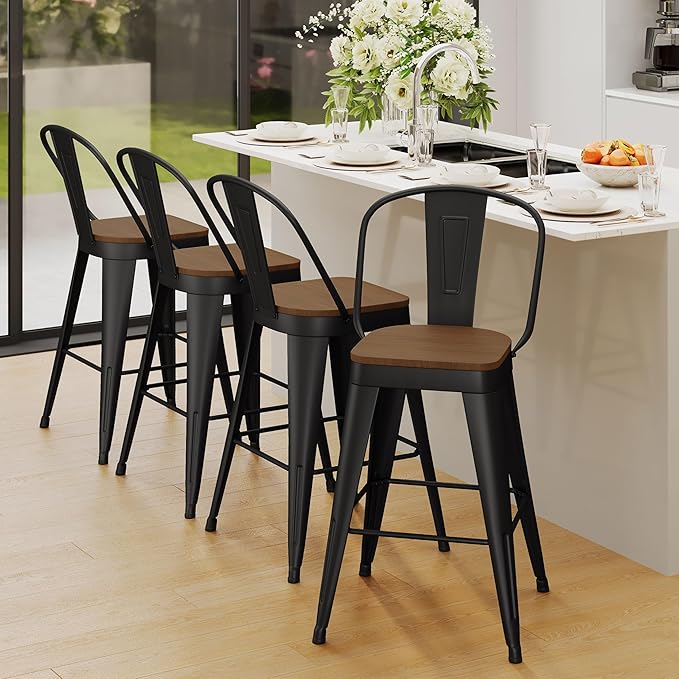 Andeworld Metal Bar Stools Set of 4, 24 inch Counter Height Barstools with Backs Farmhouse Modern High Back Bar Stools with Larger Seat Kitchen Dining Bar Chairs,Matte Black