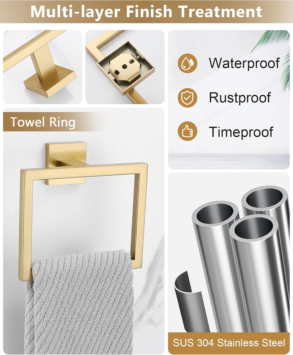 Brushed Gold Bathroom Hardware Set 4 Pieces, Toilet Paper Holder Set SUS304 Stainless Steel Bath Hand Towel Ring for Bathroom Hardware Accessories Set Wall Mounted