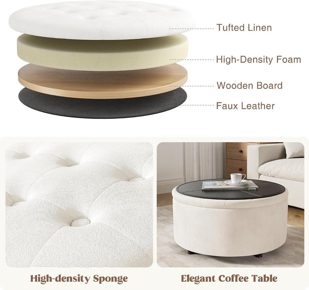 30 Inch Round Storage Ottoman,Modern Tufted Ottomans,Circular Coffee Table wi...