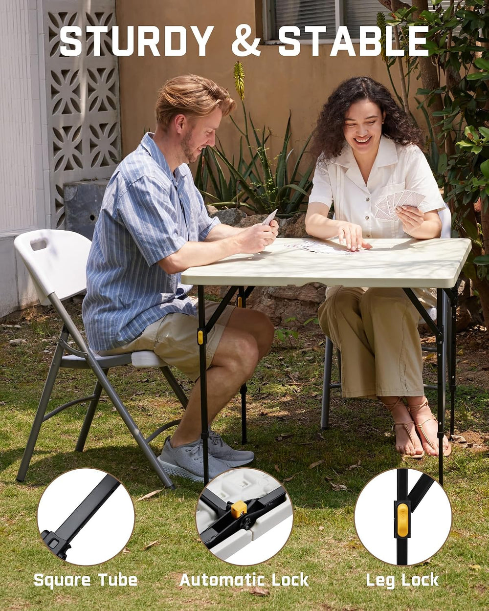 FanttikOutdoor Folding Card Table 34" Square, 2 Heights, Picnic Party Ga...