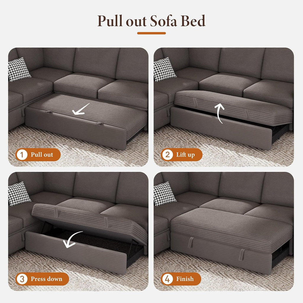 Vesgantti 88.4" Corduroy Sectional Sleeper Sofa with Pull Out Bed, Brown | 5 Seater Modular Couch with Storage, Comfy L Shaped Cloud Couches for Living Room, Bedroom, Apartment, Easy to Assemble
