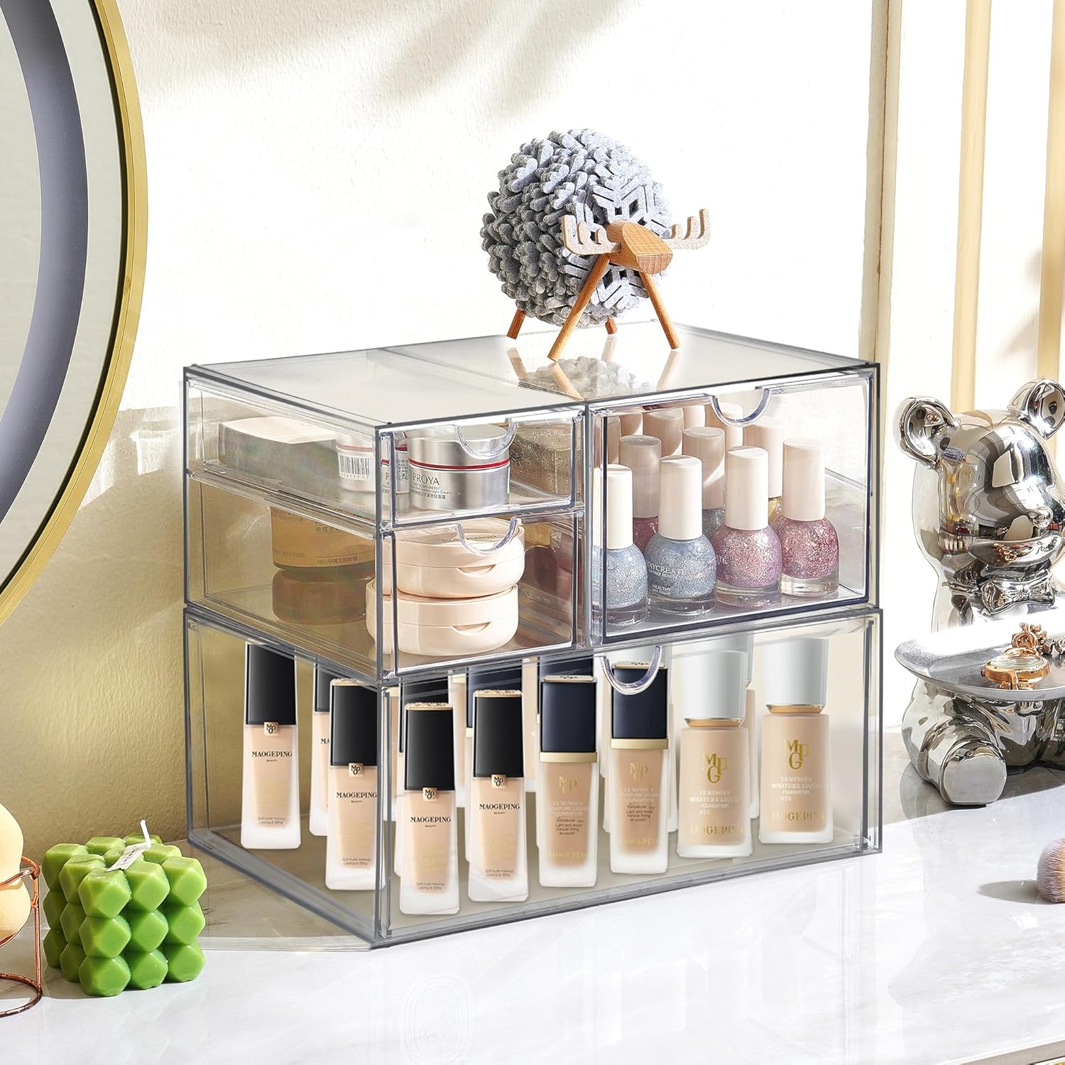 Prsildan Acrylic Drawer Makeup Organizer with 4 Drawers, Set of 2 Office Desk Organizers Accessories, Clear Stackable Storage Drawers for Vanity, Countertop, Craft, Jewelry, Art Supply Organization