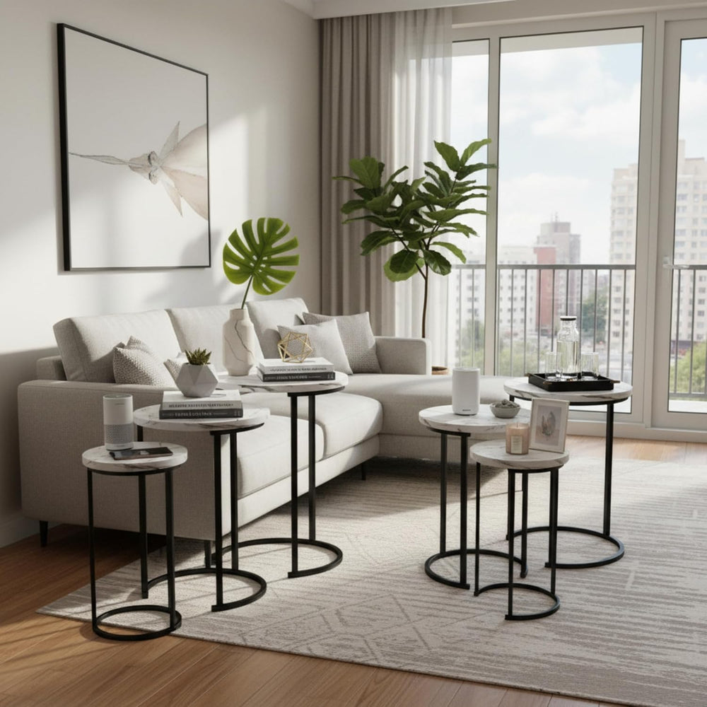 Lavish Home Round Nesting Tables Set of 6, Faux Marble Tabletop, White | 25”H...