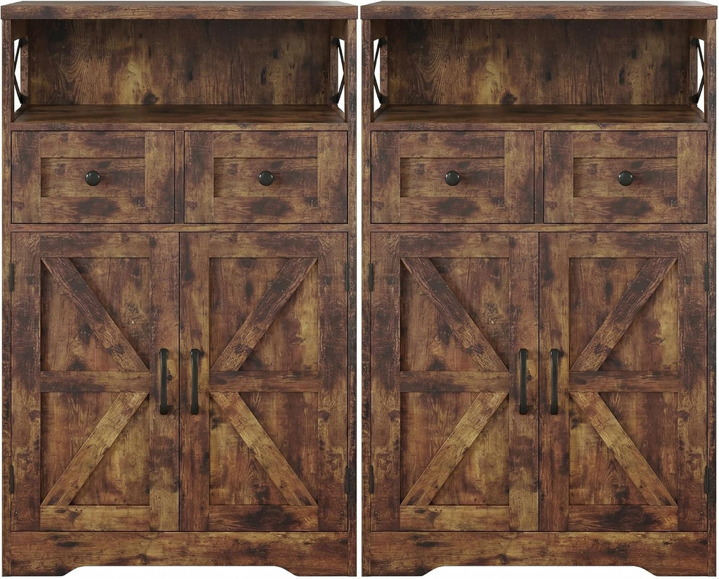 Farmhouse Storage Cabinet Set of 2, Small Kitchen Pantry Coffee Bar Cabinet | Accent Buffet Cabinet Cupboard, 2 Drawers, Barn Doors & Adjustable Shelves, for Kitchen/Entryway/Bathroom, Rustic Brown