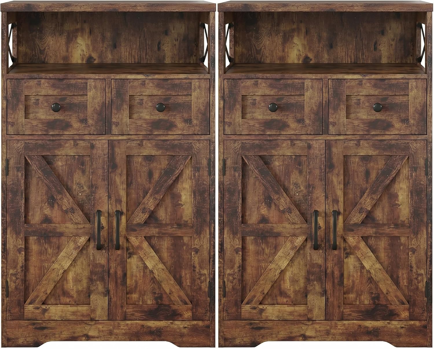 Farmhouse Storage Cabinet Set of 2, Small Kitchen Pantry Coffee Bar Cabinet | Accent Buffet Cabinet Cupboard, 2 Drawers, Barn Doors & Adjustable Shelves, for Kitchen/Entryway/Bathroom, Rustic Brown