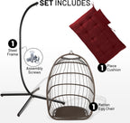 SereneLife Hanging Egg Chair w/Stand - Wicker Rattan Swing, Padded Cushion | Foldable Design, Weather-Resistant Cushion & Padded Headrest Included, 350 lb Capacity, Great for Patio, Backyard & Bedroom.