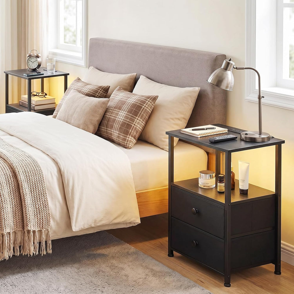LOAKEKEL Nightstands Set of 2, LED Night Stand with Charging Station | Bedsid...