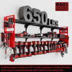 64" Power Tool Organizer Wall Mount, 16 Slots, 3-Tier Drill & Cordless Tool Storage Holder with Pegboard Sides, Tool Wall Organizer for Garage & Workshop Red