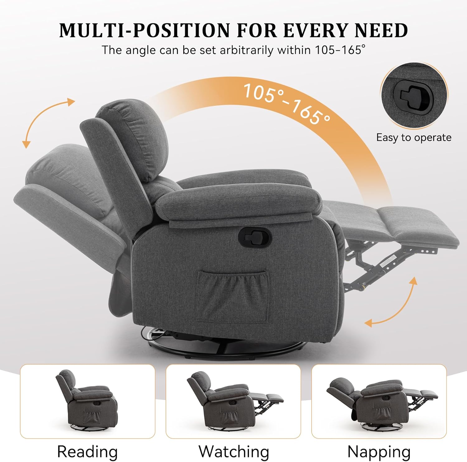 Korser Recliner Chair, 360 Swivel Rocker Chair for Adults, Small Rocking Recliner for Small Spaces, Upholstered Fabric Glider Recliner Nursery