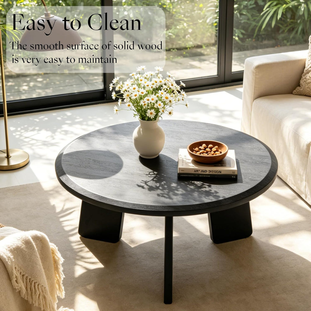 32 Inch Round Coffee Table, Solid Wood Center Table, Black