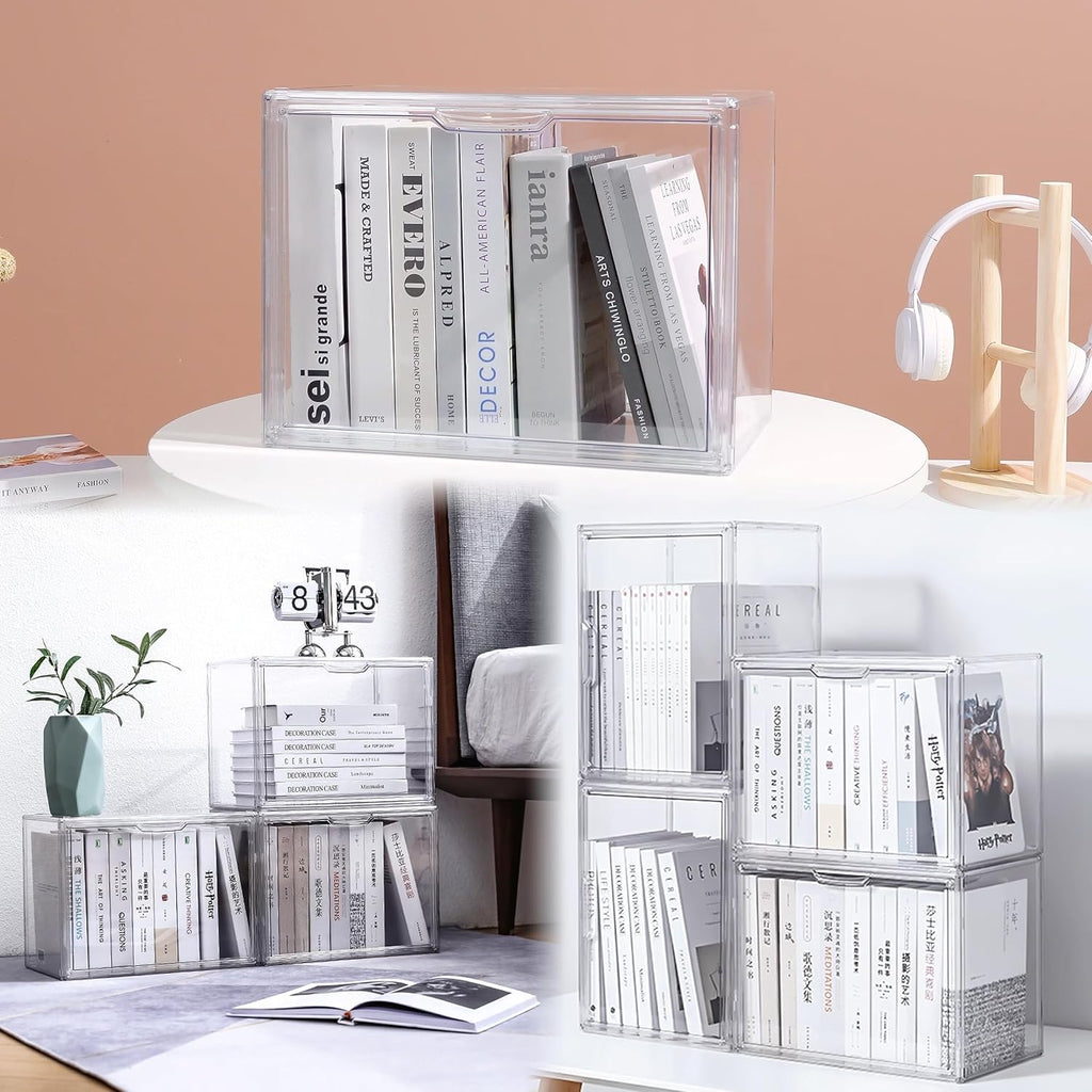 Attelite Clear Purse Organizer for Closet, Plastic Handbag Storage Organizer 4 Pack Clear Acrylic Display Case with Magnetic Door for Wallet, Book, Cosmetic, Clutch Organization
