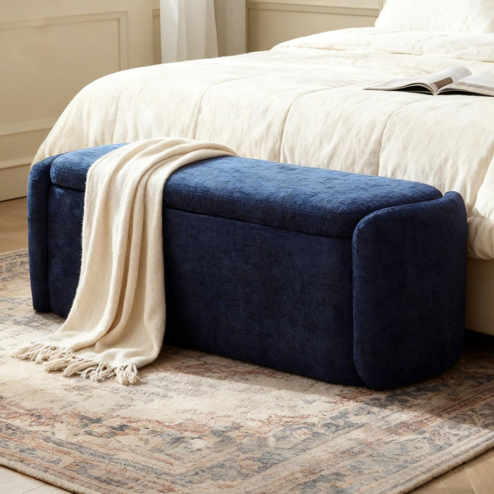 VKNOW Storage Bench, Upholstered Storage Ottoman Bench with Hinge, Navy | Ott...