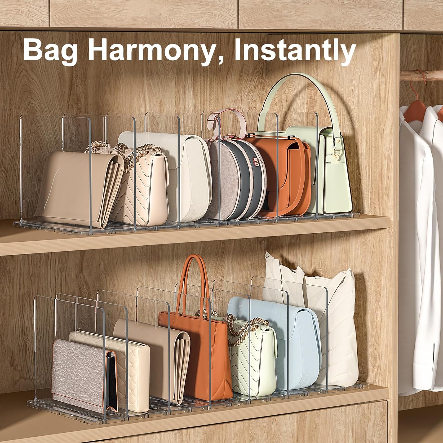 Bag & Purse Organizer for Closet: Adjustable Clear Handbag Storage Shelf - Plastic Clutch Dividers for Closet Organizers and Storage - Keep Carteras & Pocketbook Upright