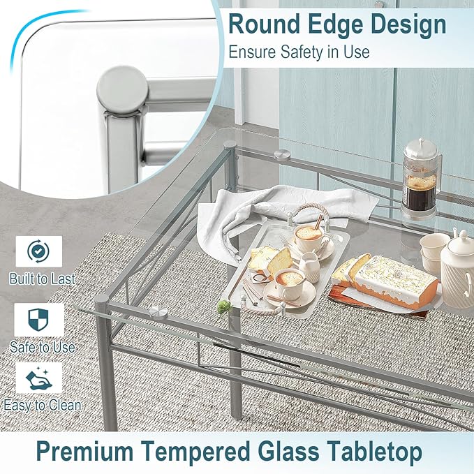 Giantex 5 Piece Dining Table Set, Kitchen Dining Set with Tempered Glass Table Top and 4 Chairs, Dinette Set for 4 for Breakfast Nook Dining Room Kitchen (Transparent)