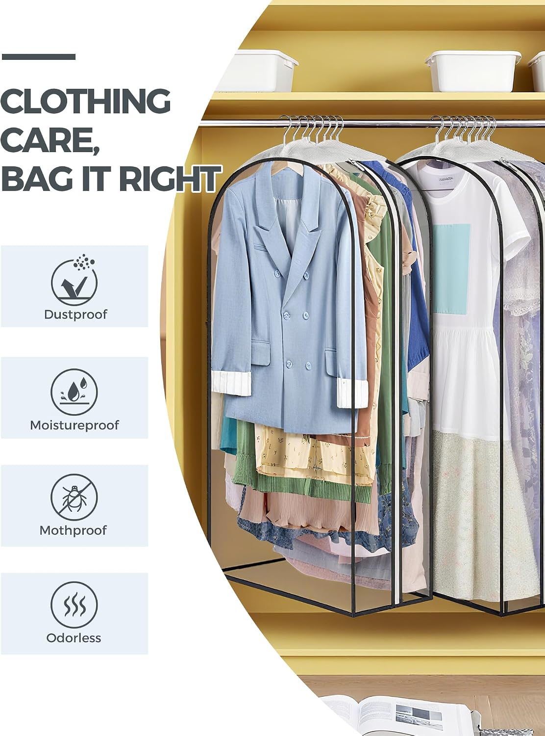 6 pcs 40" Garment Bags for Hanging Clothes, Clear Suit Bags for Closet Storage Clothing Storage, Garment Bags for Travel Covers with 10" Gussets for Coats, Jackets, Shirts and Sweater