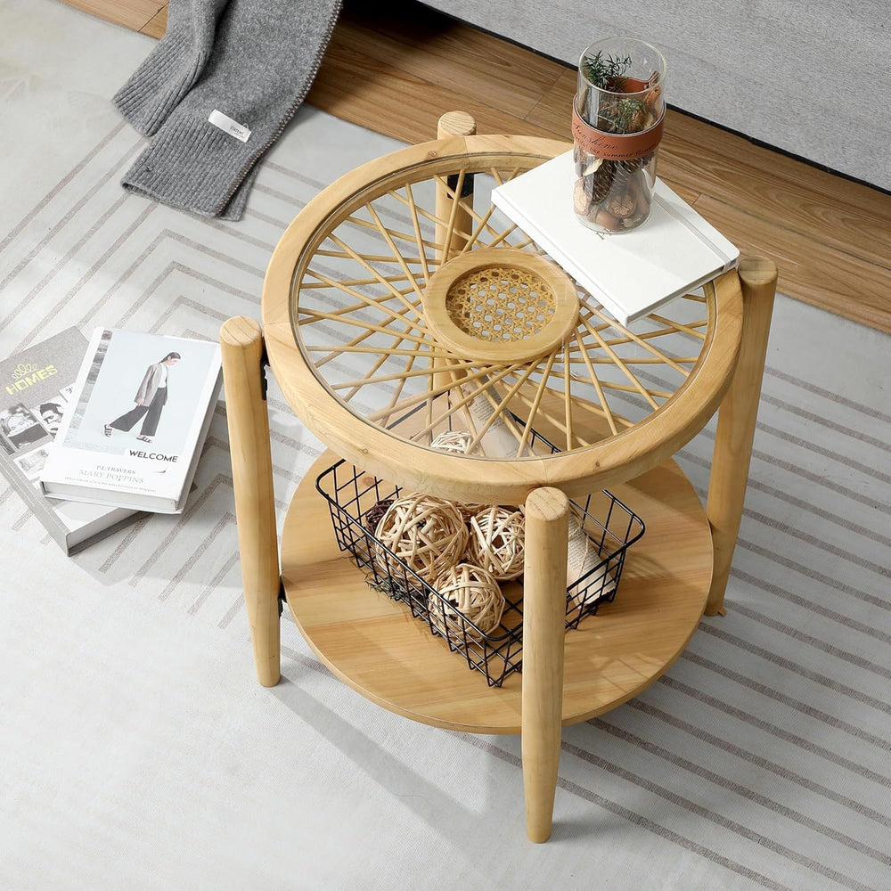 RUSTOWN Rattan Nightstands Set of 2,Boho Wood Round Side Tables, 2-Tier Natur...