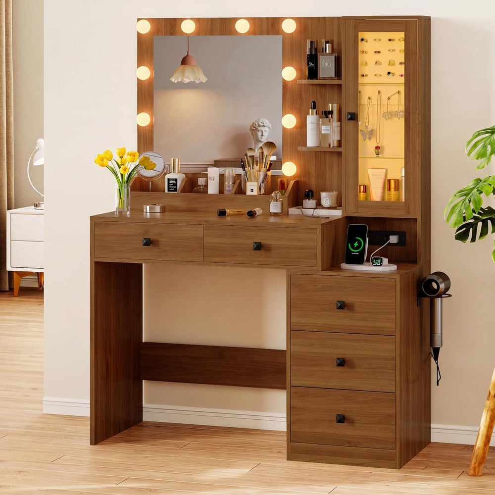 Xixini Vanity Desk with Mirror and Lights, Makeup Vanity Table Set with 5 Sto...