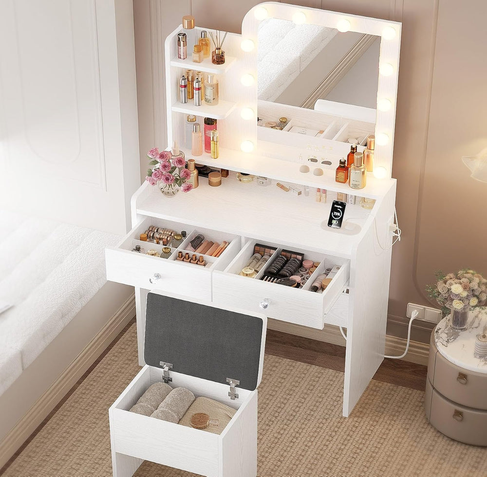 LIKIMIO Vanity Desk with Mirror Lights and Storage Stool, White | Vanity Tabl...