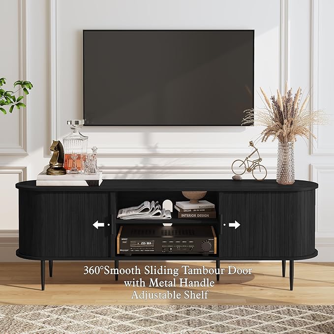 ARTPOWER 70" Modern TV Stand with Tambour Door for TVs up to 80", Entertainment Center with Storage, Fluted Television Consoles for Living Room, Black
