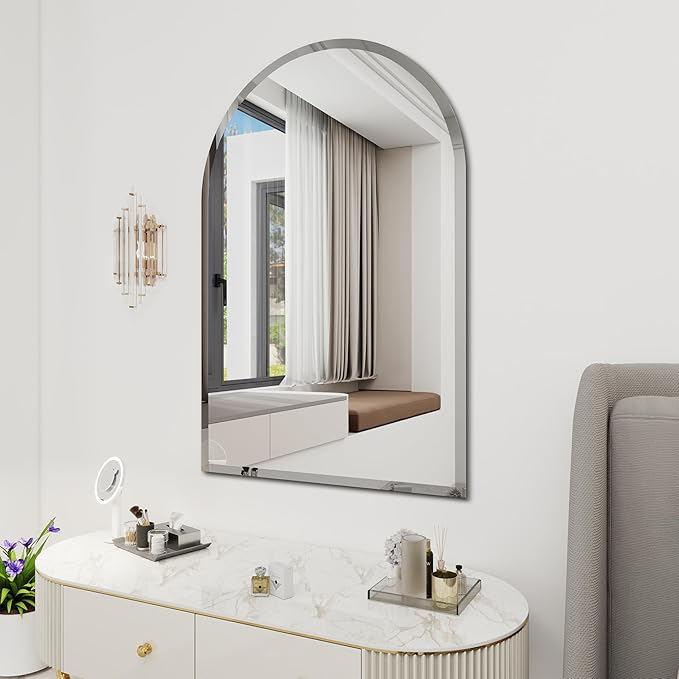 Arched Bathroom Mirror, 24X32 inch Arched Frameless Mirror, Arch Wall Mirror，Frameless Mirrors for Bathroom,Beveled Bathroom Mirror.