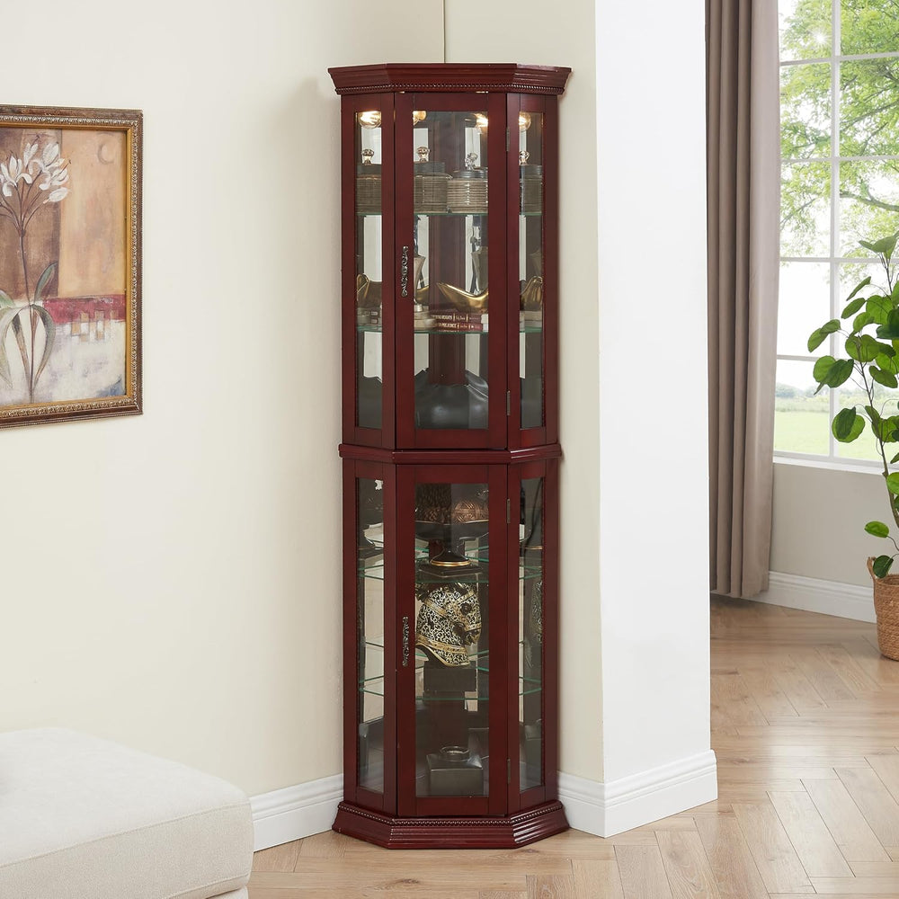 Lighted Corner Curio Cabinet, 69.75" Tall Corner Display Cabinet with Ad...