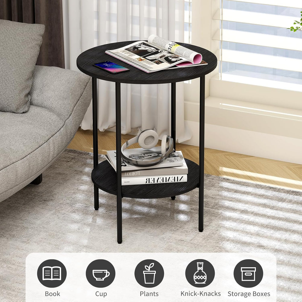 Side Table,Round End Table with 2 Storage Shelves| Compact Side Tables for Li...