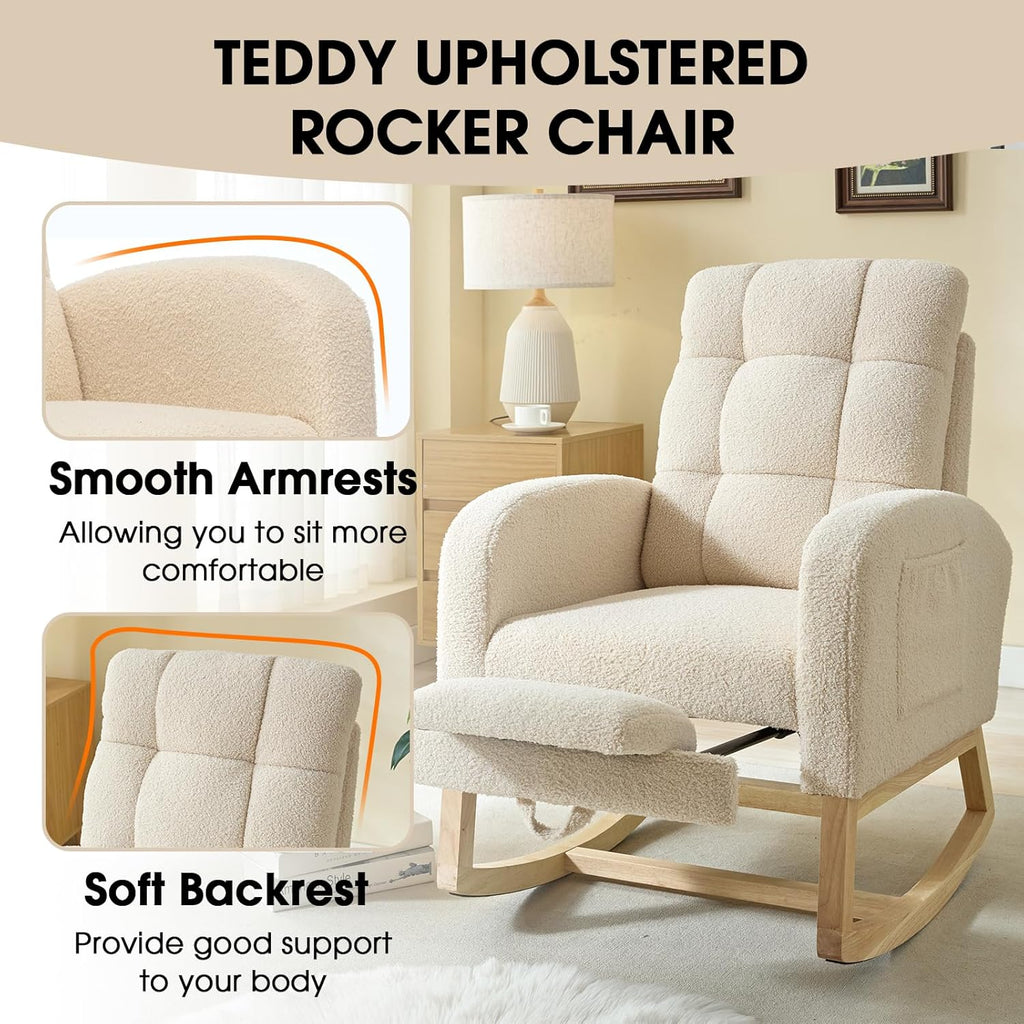 NIOIIKIT Modern Nursery Rocking Chair, Teddy Upholstered Rocking Chair with Footrest, Comfortable Rocker Recliner with Side Pocket, Rocker Glider for Living Room, Bedroom, Nursing Room (Beige)