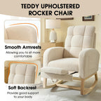 NIOIIKIT Modern Nursery Rocking Chair, Teddy Upholstered Rocking Chair with Footrest, Comfortable Rocker Recliner with Side Pocket, Rocker Glider for Living Room, Bedroom, Nursing Room (Beige)