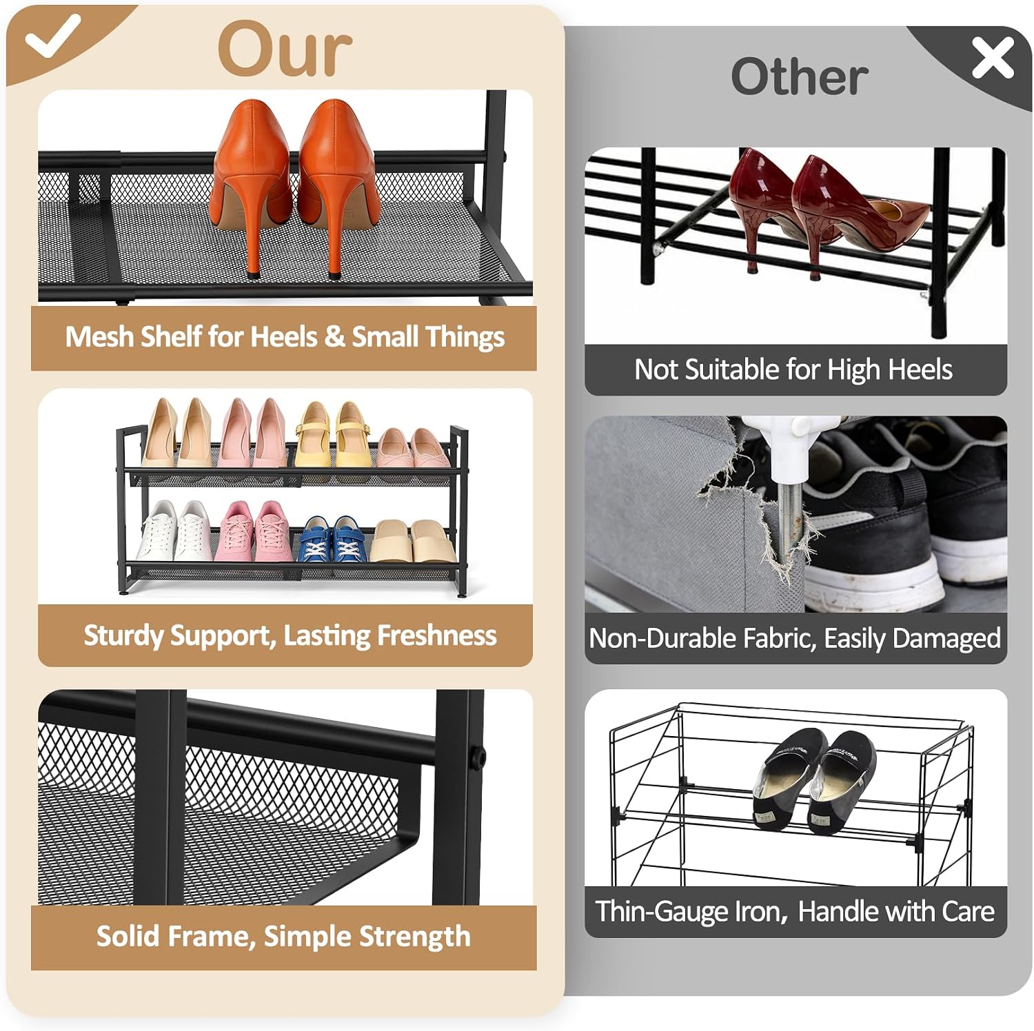 Expandable Shoe Rack, 2 Tier Adjustable Shoe Organizer with Flat & Slant Dual Use Design, Space Saving Shoes Stand for Closet & Entryway, Sturdy Dense Metal Grid Shoe Holder for High Heels, Sneakers