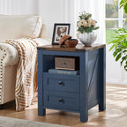 Nightstand with Charging Station, Farmhouse Night Stand with 2 Drawers and Shelf Storage, Blue Wooden Side End Table, Bedside Cabinet for Bedroom, Living Room, Closet,Office