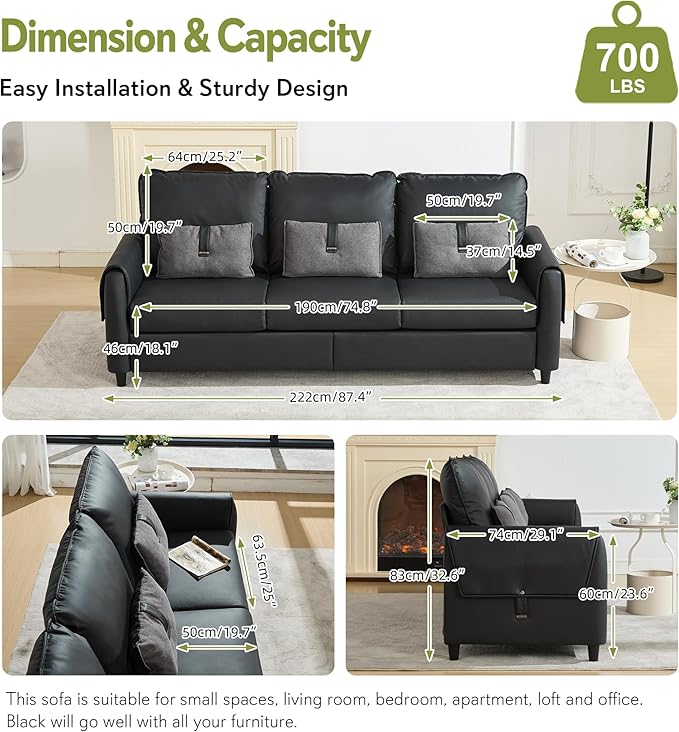 STHOUYN 88” Faux Leather Couch for Living Room, Black Office Couch Small Space, Comfy 3 Seater Couches Leather Sofa with High Backrest (Black)