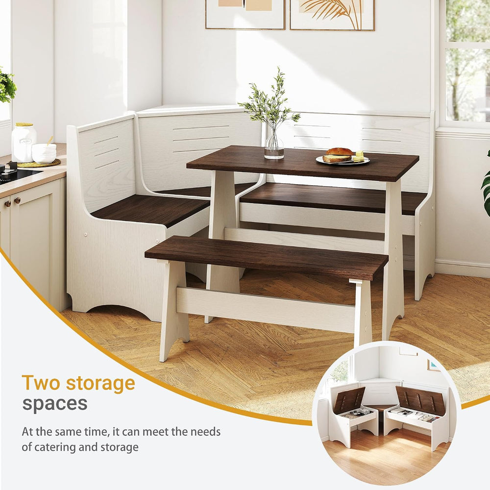 Breakfast Nook Set 3-4 Seat L-Shaped with Hidden Storage - Space Saving Corne...