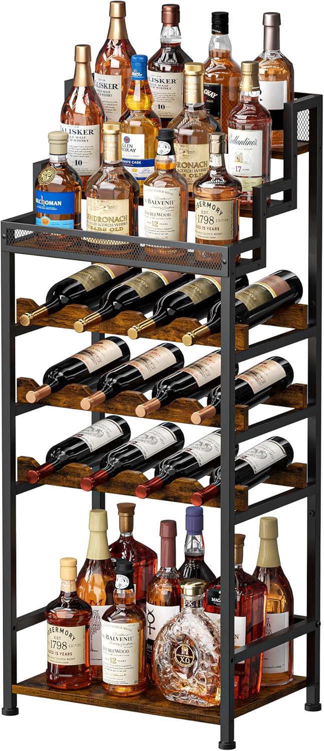 Tiered Wine Rack and Liquor Cabinet, Large Capacity Freestanding Floor Wine S...