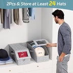 2 PCS Stackable Hat Storage for Baseball Caps with 4 Hat Hooks, Holds up to 24 Caps Hat Organizer for Closet, Sturdy Snapback Boxes for Men with Cardboard